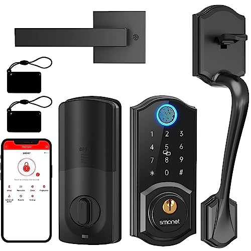 Smart Lock Front Door, SMONET Keyless Entry Door Lock with Handle, Smart Front Door Lock Set Fingerprint Smart Deadbolt Bluetooth Electronic Digital Keypad Lock,Auto Lock Work with Alexa,Black