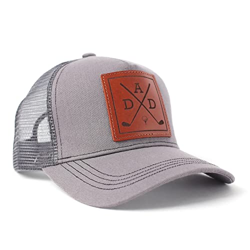 Golf Hat for Dad，Leather Patch Classic Snapback Hat Adjustable Baseball Hat Dad Hat Gift for Father’s Day from Kids Silver