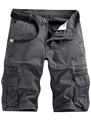 AKARMY Men's Lightweight Multi Pocket Cotton Casual Cargo Shorts,Outdoor Twill Camo Shorts with Zipper Pockets(No Belt) 038 Gray