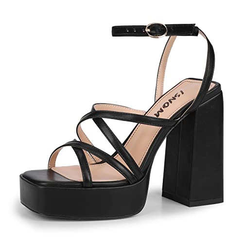 ISNOM Black Platform Heels Black Chunky Heels for Women Platform Sandals Women Chunky Heel Platform Block Heels Ankle Strap Heels for Women Platform Pumps Stripper Heels