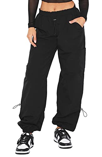 DISCIPBUSH Cargo Pants Women Baggy - Parachute Pants for Women Trendy, Womens Cargo Pants Y2K Pants, Cargo Pants for Girls Fashion, Baggy Pants 80s Outfit for Women, Black Cargo Pants Women M