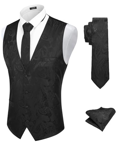 COOFANDY Men's Paisley Suit Vests Set Single Breasted Business Waistcoat, Black, M