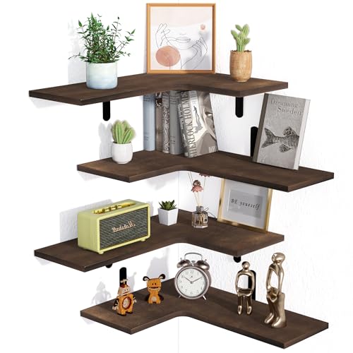 upsimples Corner Floating Shelves Set of 4, Wood Corner Shelf for Wall Decor Storage, Rustic Wall Mounted Storage Shelves for Living Room, Bathroom, Bedroom, Kitchen (Dark Brown)