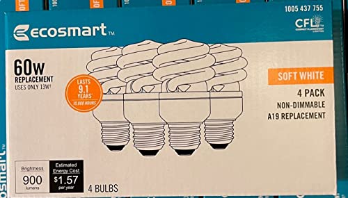 60-Watt Equivalent EcoSmart A19 Spiral Non-Dimmable E26 Base Compact Fluorescent CFL Light Bulb, Soft White 2700K (4-Pack)