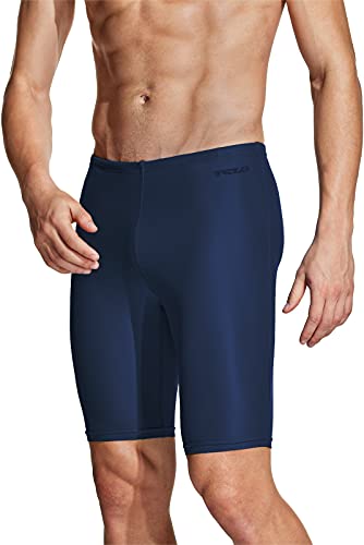TSLA Men's Swim Jammers, Athletic Racing Swimming Shorts Trunks, UPF 50+ Sun Protection Endurance Triathlon Swimsuit, Classic Navy, 34