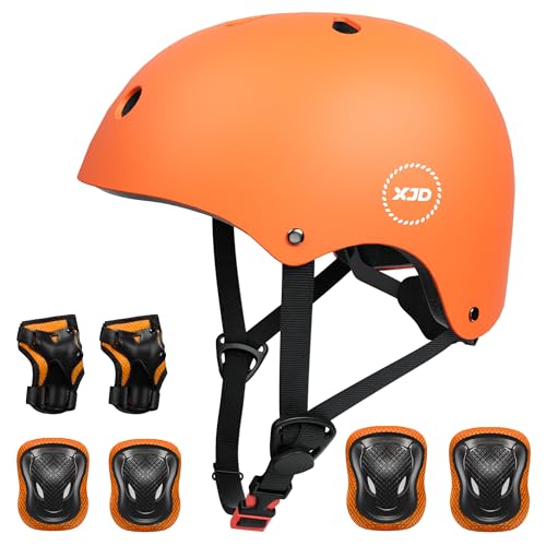 XJD Kids Bike Helmet,Multi-Sport Protective Gear Set for 3-5-8-14 Years Boys Girls with Knee and Elbow Pads Wrist Guards fit Roller Skates,Cycling,Skateboarding,Skating Scooter (Orange, Small)
