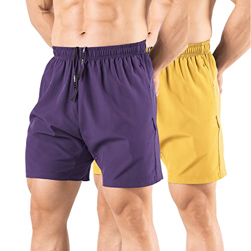 Gaglg Men's 5' Athletic Shorts 2 Pack Quick Dry Athletic Workout Gym Shorts with Zipper Pockets Yellow/Purple,Medium