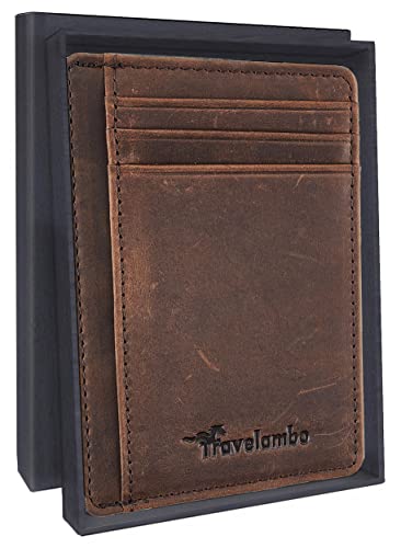 Travelambo Front Pocket Minimalist Leather Slim Wallet RFID Blocking Medium Size Card Holder Gifts for Men (Crazy Horse Brown)