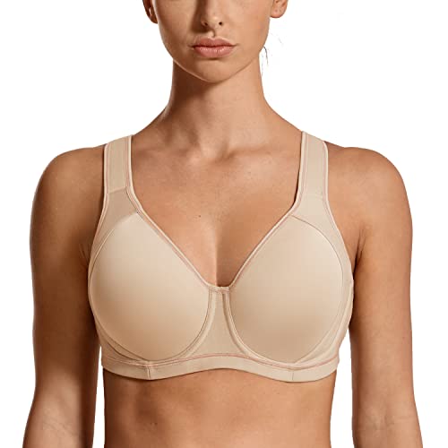 SYROKAN High Impact Sports Bras for Women Support Underwire Cross Back Large Bust Cool Comfort Molded Cup Beige 40B