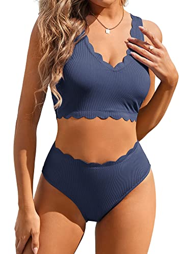 ZAFUL Women's V Neck Ribbed Scalloped Trim Wide Strap High Waisted Tummy Control Tankini Bathing Suits(Lapis Blue, L)