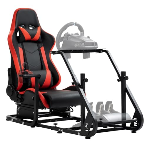 Hottoby Sim Driving Racing Cockpit with Red Seat Fit for Logitech/Thrustmaster/Fanatec G920,G923,G29,G25&T80,Mountable Monitor Stand, Double Arm Reinforcement,No Steering Wheel,Pedal & Handbrake