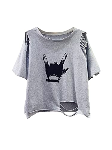 SweatyRocks Women's Short Sleeve T Shirt Graphic Print Distressed Crop Top Gesture Light Grey Medium