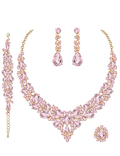 CSY 4 Pcs/Set Austrian Crystal Necklace Earrings Bracelet Ring Bridal Jewelry Sets for Brides Wedding Party Costume Accessories Gifts for Women (02-gold plated-pink)
