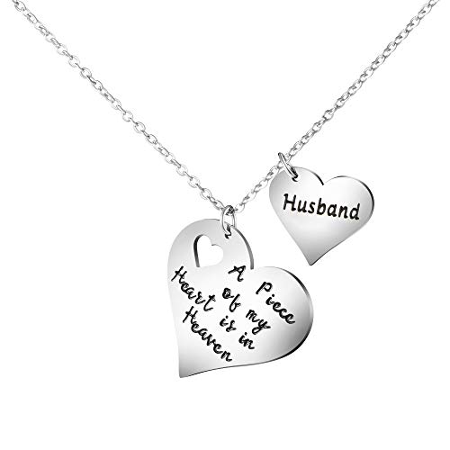 JoycuFF A Piece Of My Heart is In Heaven Memorial Gifts for Loss of Husband Stainless Steel Silver Pendant Necklace Sympathy Gifts for Women Sister Best Friend Remembrance Jewelry