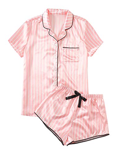 WDIRARA Women's Satin Sleepwear Short Sleeve Button Shirt and Shorts Pajama Set Silky PJ Striped Pink L