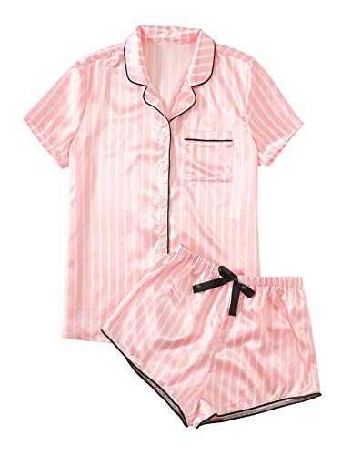 WDIRARA Women's Satin Sleepwear Short Sleeve Button Shirt and Shorts Pajama Set Silky PJ Striped Pink M