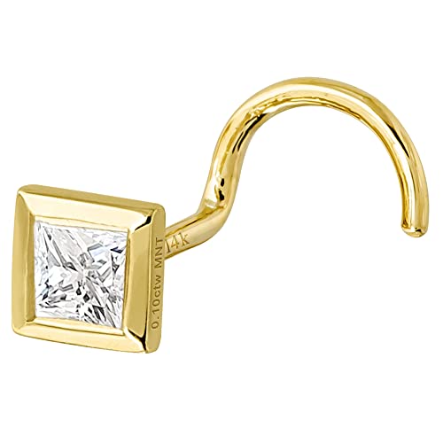 Jewelry Avalanche Solid 14Kt Gold Bezel Set princess Cut Moissanite Nose Stud - 22G Nose Screw Stud - Cork Screw Nose Ring - April Birthstone Nose Ring Stud-NBBZ-MNTP2.5YG