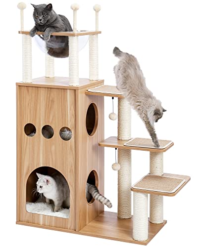 Made4Pets Modern Cat Tree for Large Cat, Wood Cat Tower Heavy Duty with Scratch Post for Indoor Big Cats, 51' Extra Tall Cat Condo Sturdy Frisco Castle with Clear Bowl for Kittens Maine Coon 20Lbs