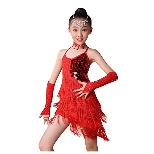Muzuld Big Girls Party Dancewear Ballroom Dance Dress for 4-15 Years,Girl's Sequined Fringe Latin Practice Dresses + Sleeves Red