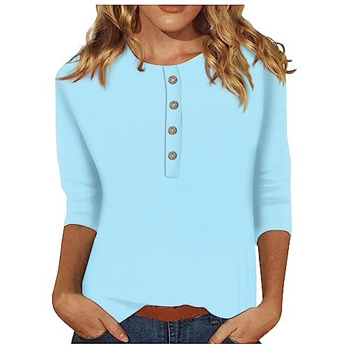 Fall Clothes for Women 2023 Blouses Dressy Casual Fashion Crew Neck Button Down 3/4 Sleeve Shirts Basic Tees Solid Color Loose Fit Tunic Plus Size Going Out Tops My Orders(F-Sky Blue,Large)