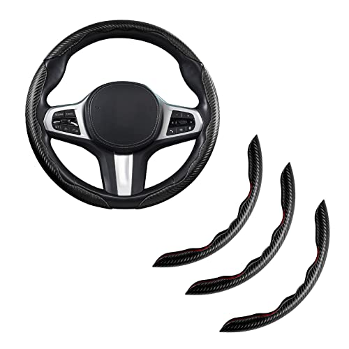 3-Piece Carbon Fiber Leather Steering Wheel Cover, Warm in Winter and Cool in Summer, Non-Slip Car Wheel Cover Protector Breathable Microfiber Leather Universal 15 inch