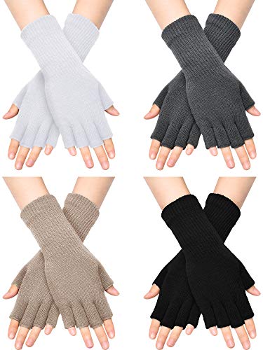 SATINIOR Fingerless Gloves for Women Half Finger Typing Gloves with Long Wrist Cuff Winter Knit Fingerless Mittens for Women (Black, White, Dark Grey, Light Tan, 4 Pairs)