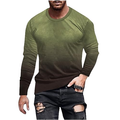 Mens Long Sleeve T Shirts Casual Gradient Color Printed Athletic Golf Tennis T-Shirt Tops Gym Sport Tee Tops Men's V-Neck Casual T-Shirts 2023 Tshirt Herren Army Green