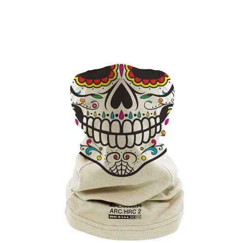 BENCHMARK FR Flame Resistant Face Mask Neck Gaiter - CAT2 - Made in the USA (Dia De Los Muertos - Beige)