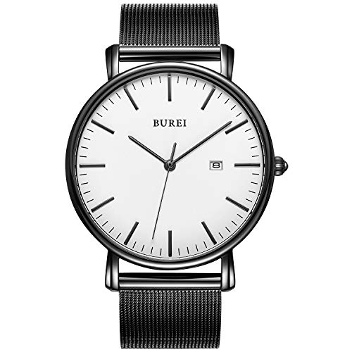 BUREI Men's Fashion Minimalist Wrist Watch Analog Date with Stainless Steel Mesh Band (White Face Black Band)