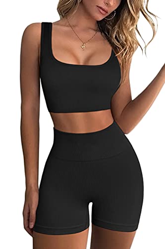 QINSEN Women Padded Sports Bra Ribbed Fitness Workout Running Shirts Seamless Yoga 2 Piece Outfits Black L