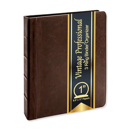 Vintage Professional 3 Ring Binder Organizer, 1-inch Round Rings, 8.5' x 11' Sheet Size, 2 Inner Pockets, 1.6' Spine, Appearance of Antique Brown Leather