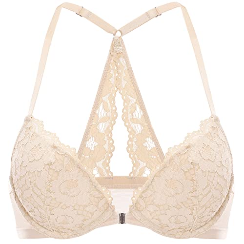 DOBREVA Women's Push Up Bra Racerback Front Closure Bras Lace Padded Underwire Plunge Floral Beige 32A