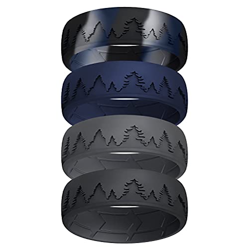 ROQ Silicone Rubber Wedding Ring for Men, Comfort Fit with Enhanced Breathability, Men's Wedding Band, Rubber Engagement Band, 8mm Wide 2mm Thick, Tree Design, 4 Pack, Black, Grey, Blue, Black-Light Blue Camo, Size 11