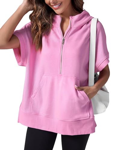Fisoew Womens Oversized Half Zip Hoodies Short Sleeve Casual Sweatshirts Pullover Tops with Pockets Pink