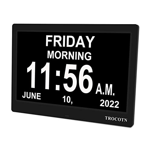 TROCOTN 10 Inches Digital Clock Calendar Clock Large Display Alarm Clock Wall Clock (Black)