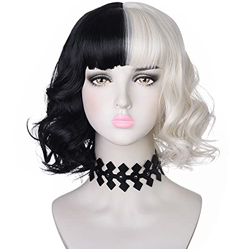 AMZCOS Black and Light Blonde Wig with Necklace Choker for Womens Girls Cosplay Costume Short Wavy Bob Synthetic Wigs with Bangs for Halloween Party