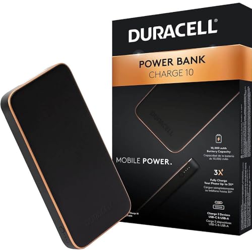 Duracell Charge 10 Portable Charger | 10,000mAh Power Bank | Fast Charging Battery Pack for iPhone, iPad, Android & More | TSA Carry-on Compliant Power bank | USB-C, USB-A | Recharges Devices Up to 3X