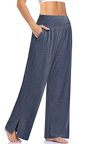 UEU Womens Wide Leg Yoga Pants High Waisted Joggers Casual Loose Fit Plus Size Lounge Pjs Sweatpants with Pockets- 28' Inseam (Heather Navy, S)