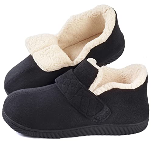 Zizor Mens Slipper, Velcro House Shoes for Diabetic, Men Gifts, Memory Foam, Indoor Outdoor, Winter Ankle Pantuflas with Rubber Sole (Black, Size 12)