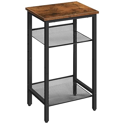 HOOBRO Side Table, 3-Tier Tall End Telephone Table with Adjustable Mesh Shelves, for Living Room Bedroom Hallway or Office, Tall and Narrow, Rustic Brown and Black BF01DH01G1