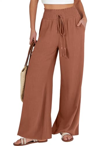 ANRABESS Women Linen Palazzo Pants 2024 Trendy Summer Outfits Boho Wide Leg High Waist Casual Lounge Pant Spring Break Trousers A1257zhuanhong-L Rust