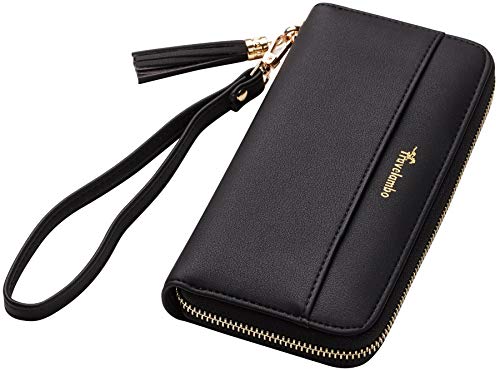 Travelambo Womens Wallet Tassel Bifold Ladies Clutch Wristlet Wrist strap Long Purse (Access Black)