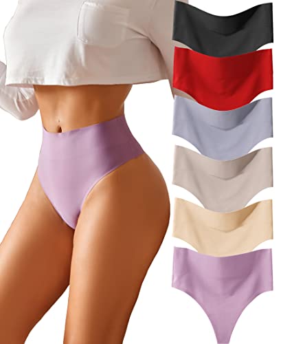 Knowyou High Waisted Thongs for Women Seamless Underwear for Women No Show Sexy Breathable Panties for Laides 6 Pack