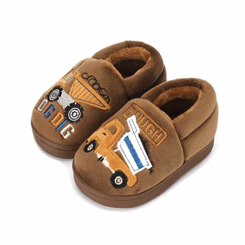 ESTAMICO Boys Girls Warm Slippers Cartoon Rocket Kids Winter Indoor Household Shoes, Brown 5-6 Toddler