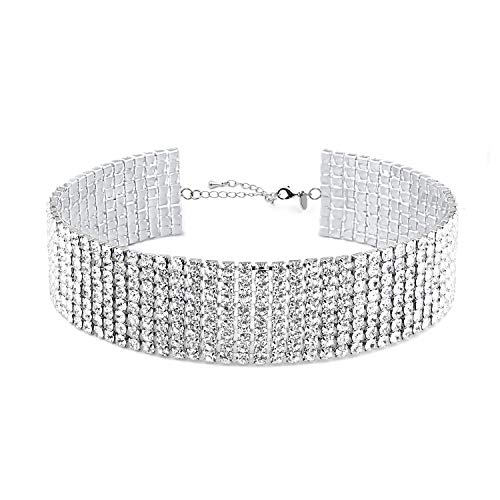 Zealmer Wide Fake Diamond Choker 8 Row White Gold Plated