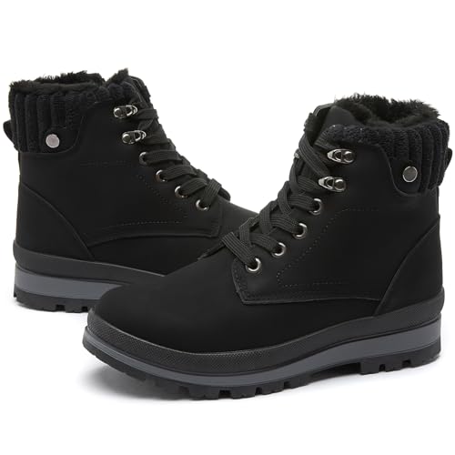 hash bubbie Womens Platform Boots Black Combat Boots Waterproof Ankle Boots Fall Winter Boots White Fuzzy Snow Boots for women（Non Slip,Zipper）（Black.US8）