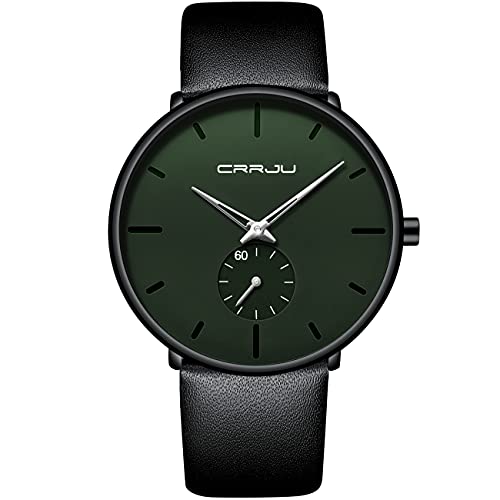 Mens Watches Ultra-Thin Minimalist Waterproof-Fashion Wrist Watch for Men Unisex Dress with Black Leather Band-Silver Hands Light Green Face