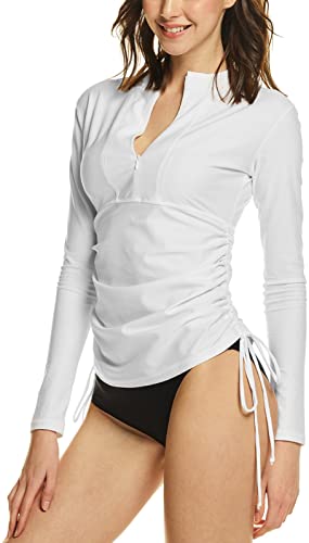 TSLA Women's Half-Zip Front Rash Guard, UPF 50+ Side Adjustable Long Sleeve Swim Shirts, Half Zip Front White, Small