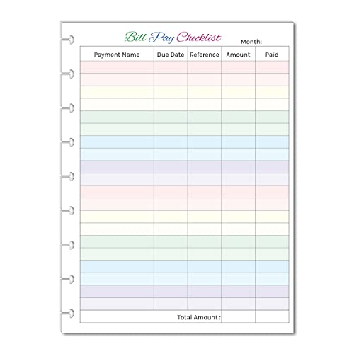 Colorful Monthly Budget Forms Bill Pay Checklist for Medium Size 9 Disc Planners, Fits 9-Disc Notebooks, 7'x9.25'