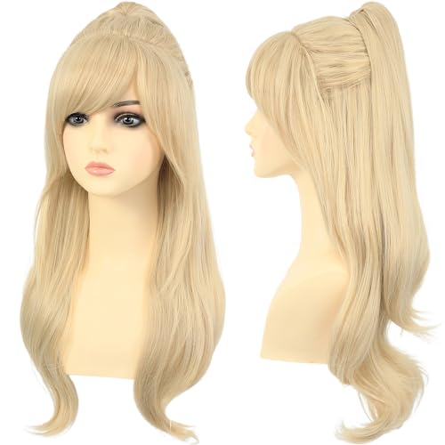 morvally Long Blonde Ponytail Wig with Bangs Natural Looking Synthetic Hair Wigs for Women Girls Costume Cosplay Halloween Party